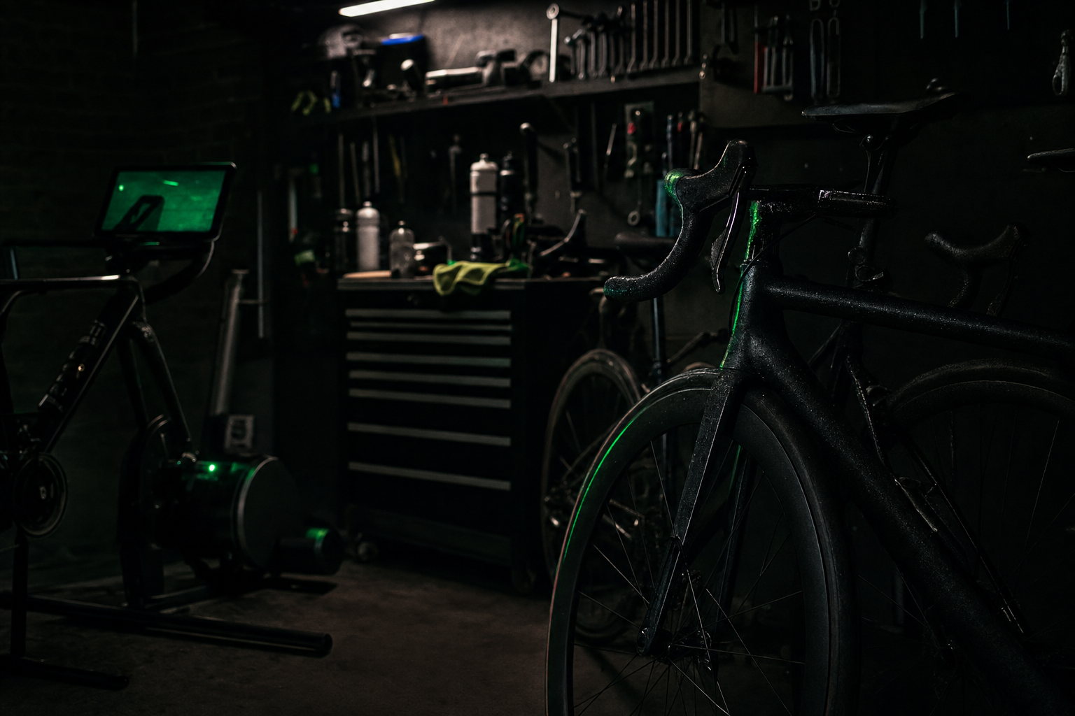 A cyclist's garage — carbon bikes, a trainer setup, tools